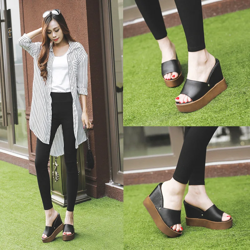 

Korean-style Simple Versatile Slanted Heel Slipper Women's Summer 2017 New Style Waterproof Platform Line-styled Thick Bottomed