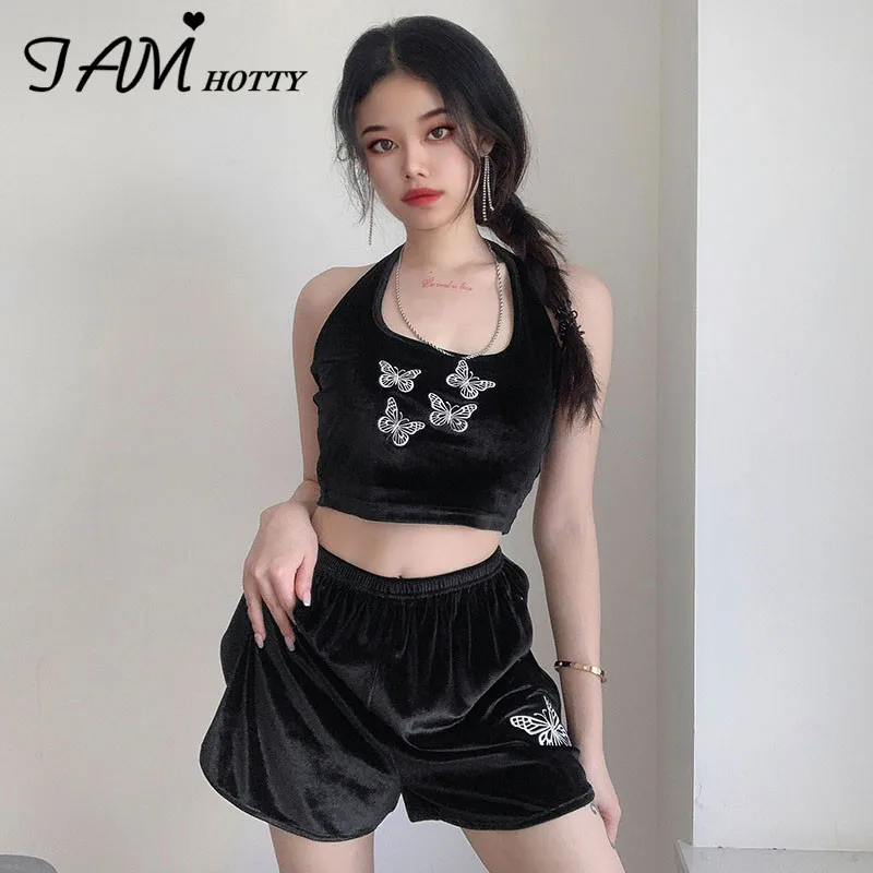 

IAMHOTTY Butterfly Print y2k Two Piece Set Women Sleeveless Black Solid Halter Camisole Biker Shorts Tracksuit Lounge Wear 2020
