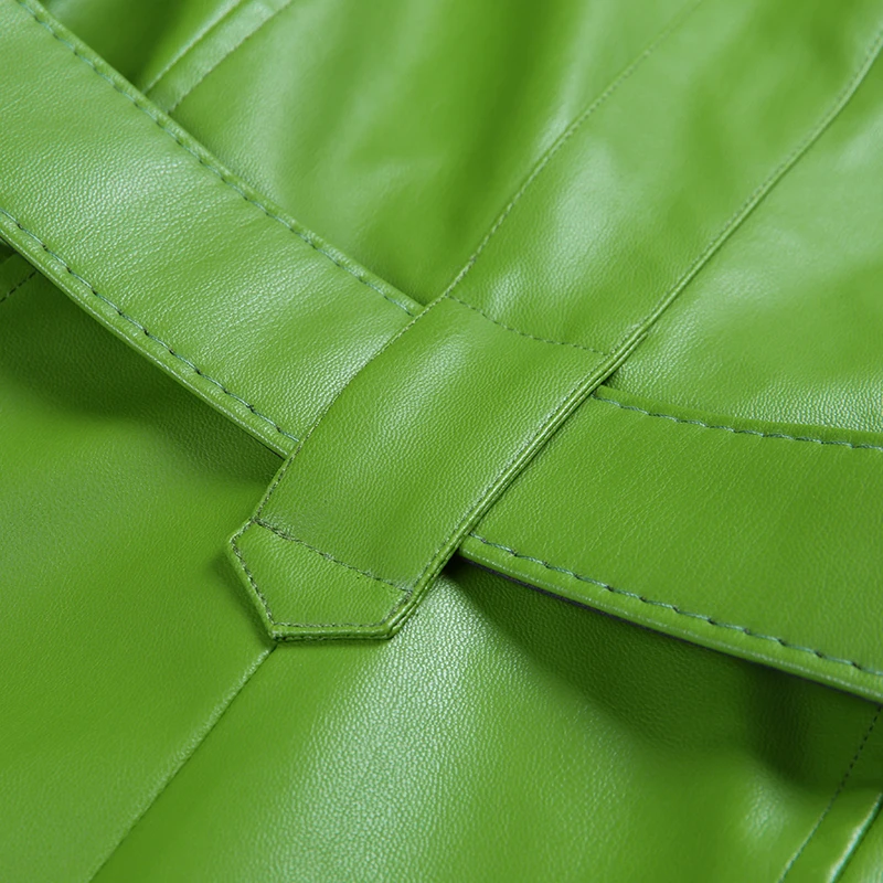 WannaThis Faux Leather Fur Coat Women With Belt Warm Thick Outwear PU Leather Streetwear Female Elegant Outwear Long Coat Green