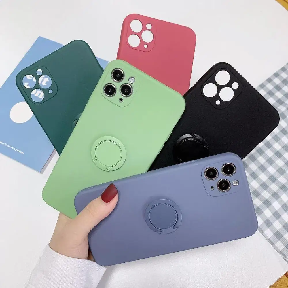 

Soft Liquid Silicone Case For iPhone 12 11 Pro Max Mini XS X XR 7 8 6 6S Plus SE 2020 Stand Ring Holder Covers iPhone11 iPhone12