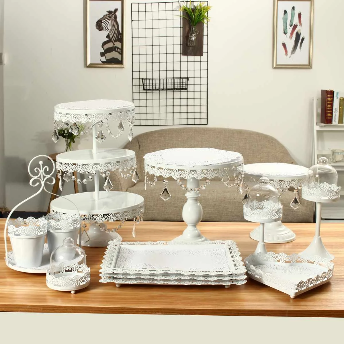 Metal Modern Crystal Cake Stand Set Holder Cupcake Dessert Stand Birthday Party Wedding Display Pedestal Decoration Gold White - Цвет: White