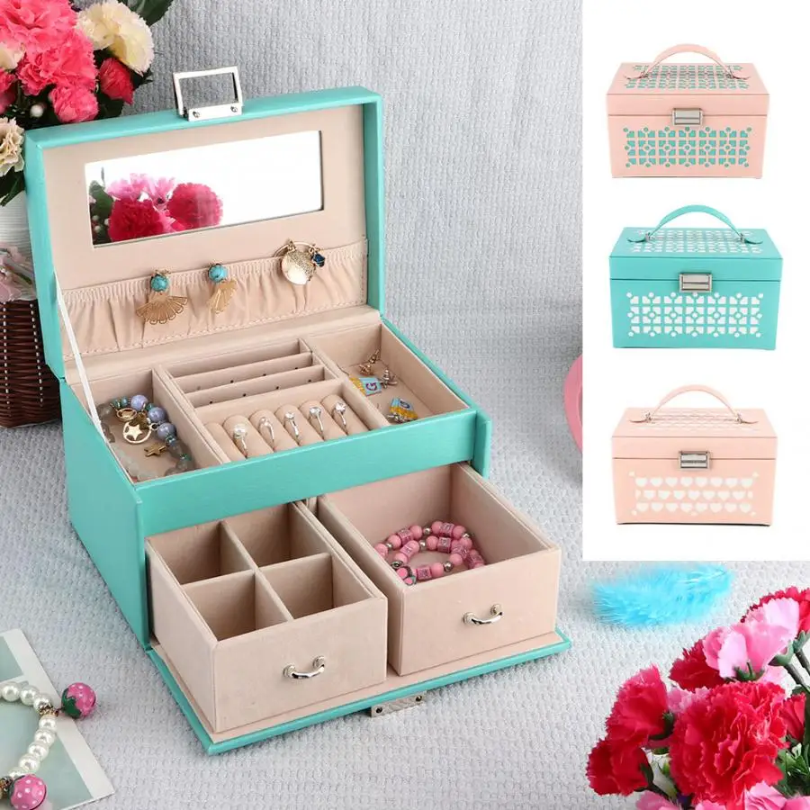 

Portable PU Leather Large Capacity Jewelry Box Case Storage Organizer with Mirror Luxurious Gift For Girl Jewelry Storage