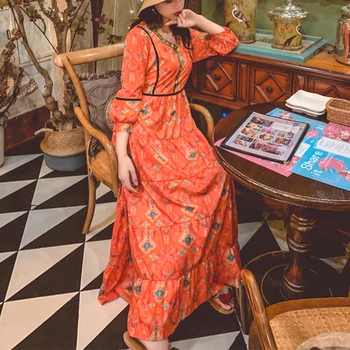 

Travel Outing New Design Bohemian Indie Folk Embroidery Holiday Orange Solid Long Women Elegant Maxi Dress