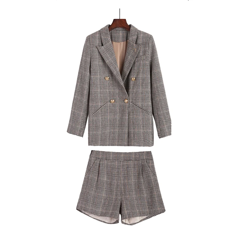 

PERHAPS U women vintage brown plaid houndtooth blazer shorts two pieces set suit elegant winter notch collar T0264