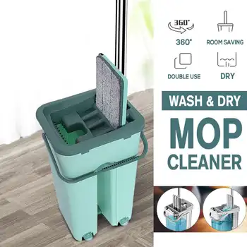 

Hand Free Wringing Flat Squeeze Mop and Bucket Magic Automatic Spin Home Kitchen Wooden Floor Lazy Cleaning Mop With Pads