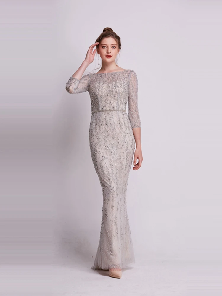 

Luxury Mermaid Beaded Lace Evening Dresses Dubai Three Quarter Sleeve Scoop Neck Sequin Long Elegant Gowns Formal robe de soiree