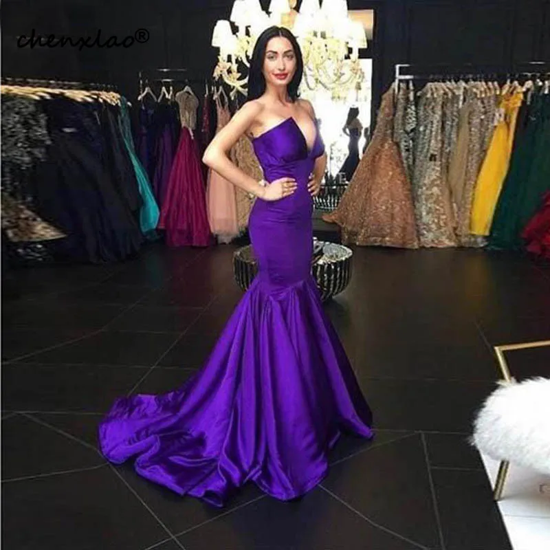 Simple Satin Purple Evening Dresses Mermaid V-Neck Backless Long Formal Party Gowns Prom Dresses Pageant Gowns Robe De Soiree
