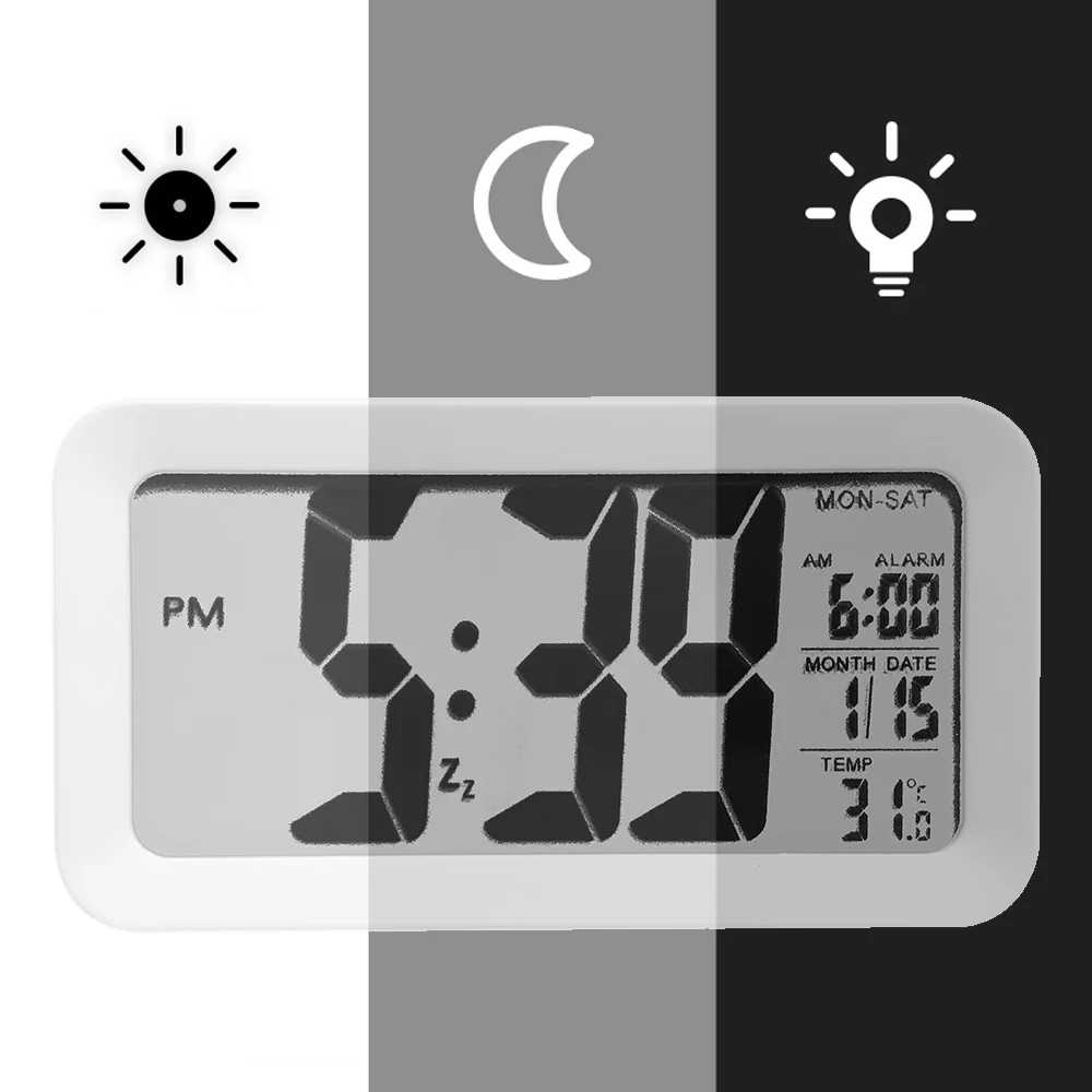 

Large LCD Display Snooze Kids Clock Light Sensor Nightlight Office Table Clock Digital Alarm Clock Student Clock