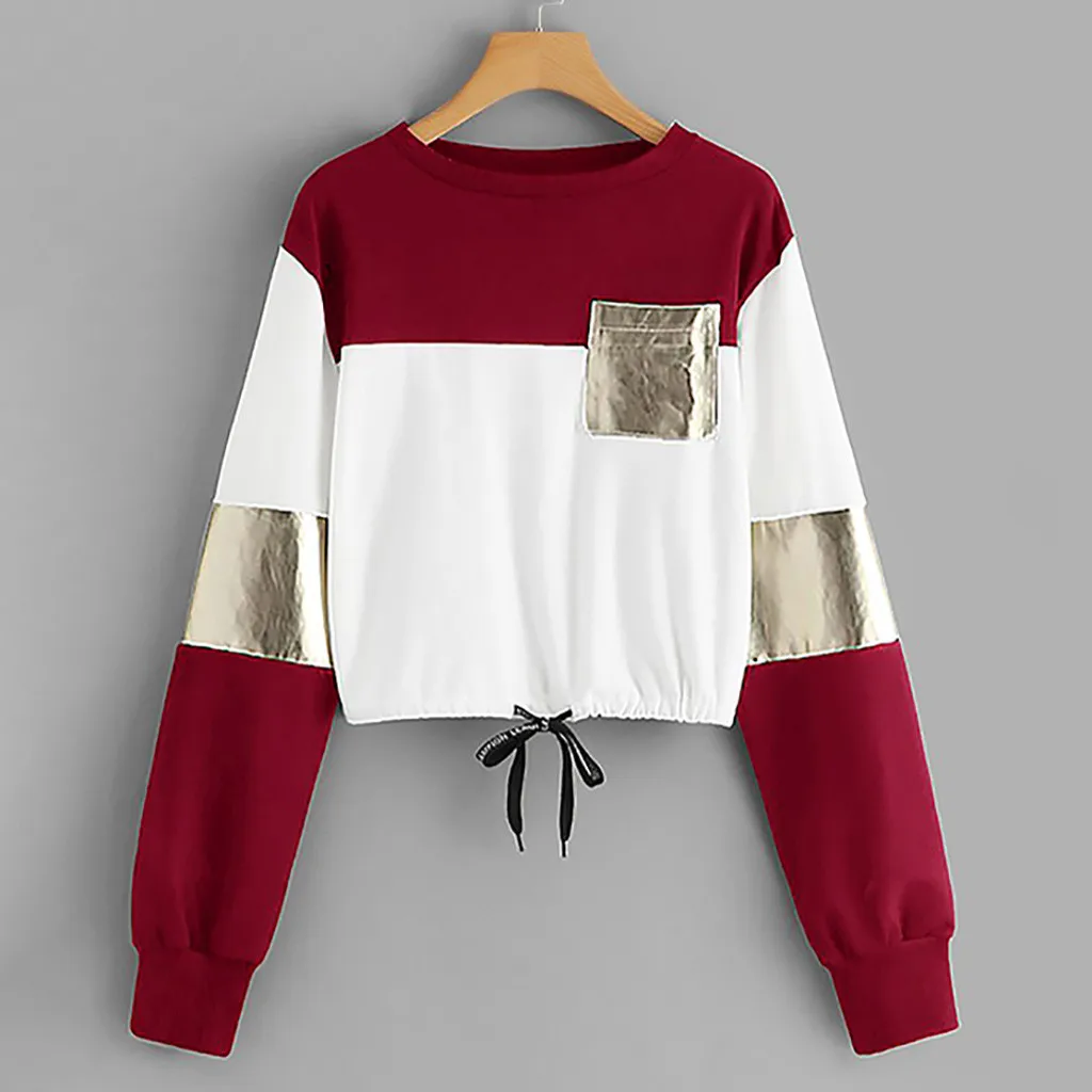 JAYCOSIN Fashion Women Casual O-Neck Sweatshirt Long Sleeve Bandage Patchwork Pocket Unique Elegant Comfortable Soft Chic Blouse