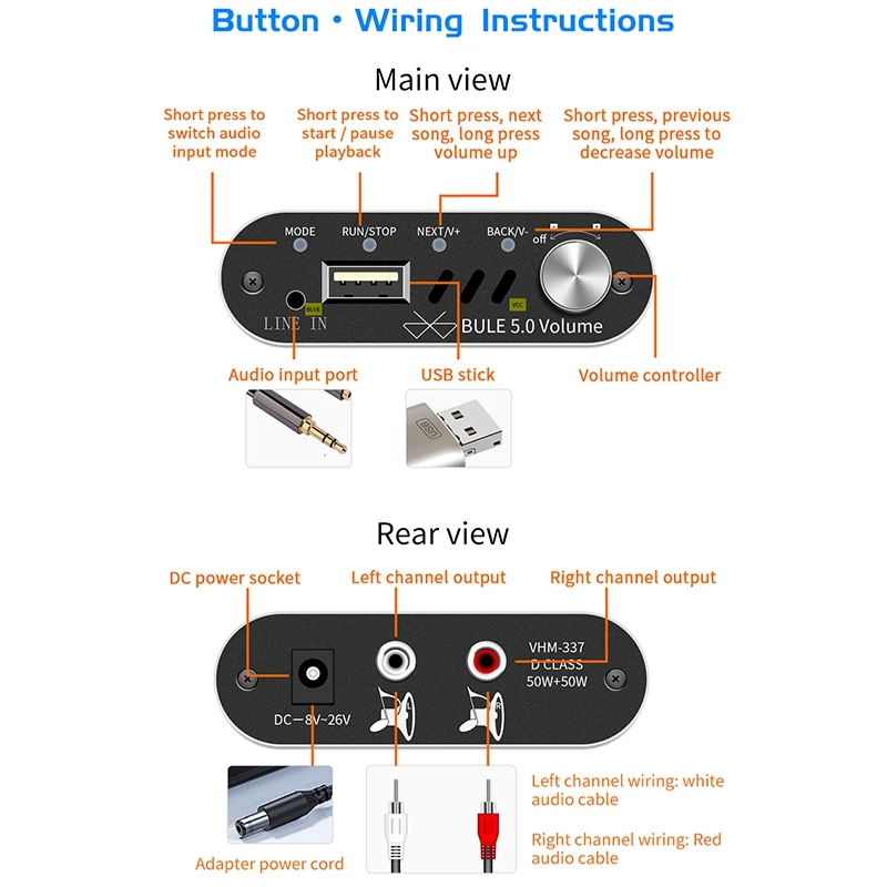 VHM337 50WX2 Mini Bluetooth 5 0 Wireless o Power Digital Amplifier Board Stereo Amp DC 9V 24V
