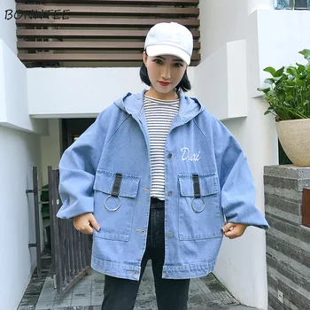 

Jackets Women Hooded Single Breasted Letter Printed Loose Jacket Womens High Quality Full Students Chic Outerwear New Ulzzang