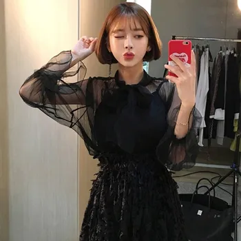 

Wholesale Sexy Two-piece Women Lace Bow Decoration Perspective Shirt Blouse + Small Sling Tank Top 2 Piece Set Black