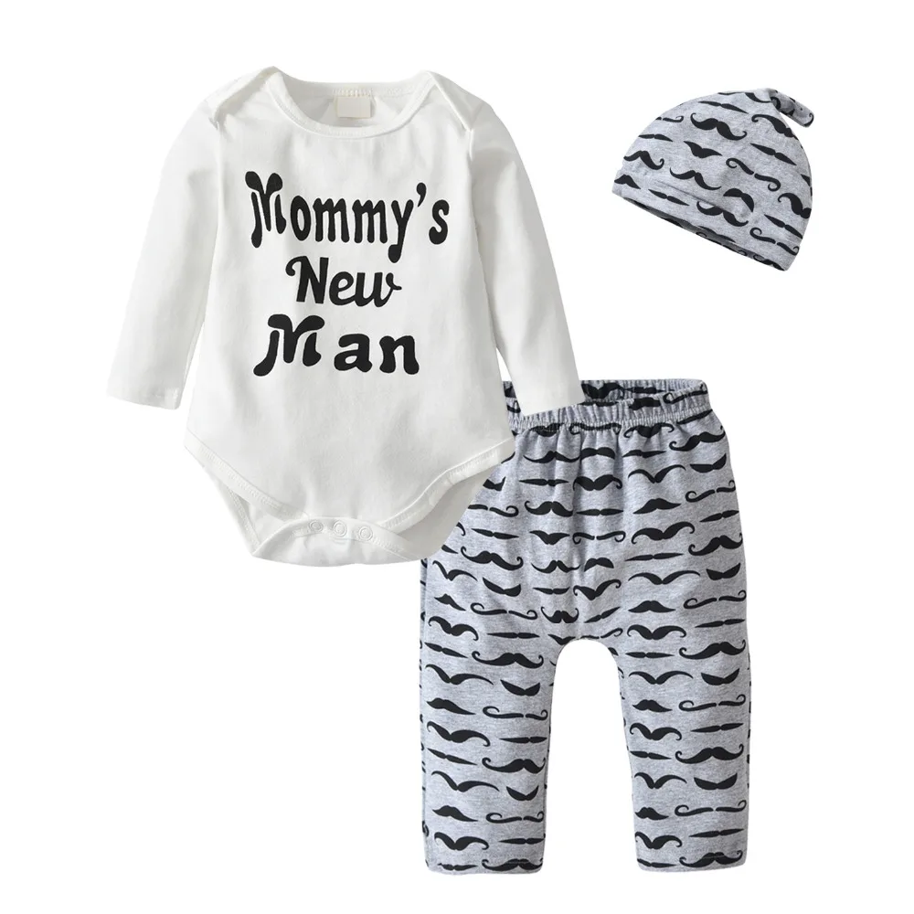 Newborn Baby Boys Clothes 3 Pcs Set Cotton Mommys New Man Romper Tops Moustache Print Pants and Hat Infant Clothing Outfits