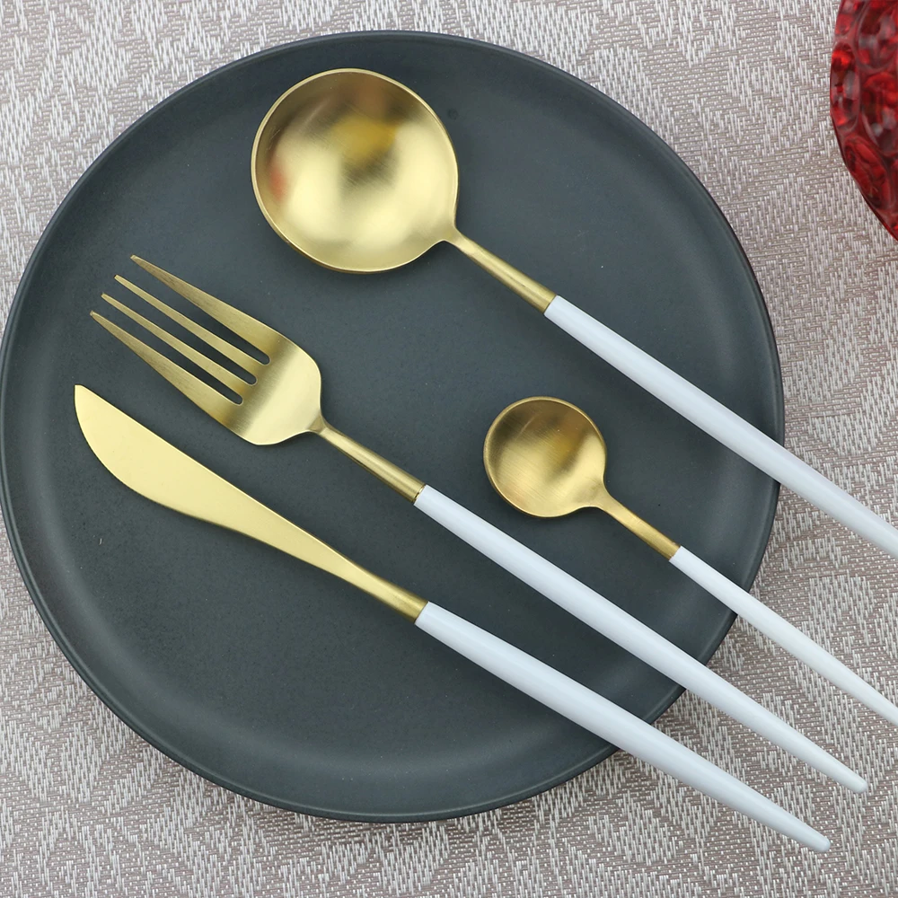 Высокое Качество белого золота столовая посуда, набор из 24 штук, Нержавеющая сталь Металл столовые матовый нож вилка обеденная ложка набор столовой посуды для кухни - Цвет: 24Pcs White-Gold