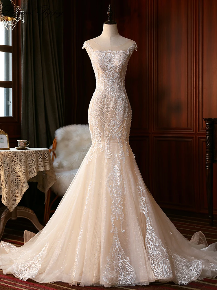 

Lceland Poppy Luxury Mermaid Wedding Dresses Scoop Neck Sleeveless Lace Appliques Pearls Beaded Vestido de novia Bridal Dress