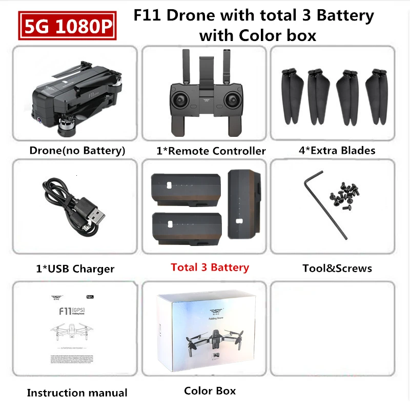 1080P 3B Color Box SJRC F11 PRO gps Дрон с 2K HD камерой бесщеточный Квадрокоптер 1600 м управление расстояние складной Дрон VS SG906 B4W игрушка - Цвет: 1080P 3B Color Box