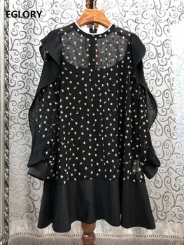 

Top Quality New 2020 Summer Style Women Yellow Flower Prints Ruffle Patchwork Long Sleeve Straight Black Silk Cotton Dress Club