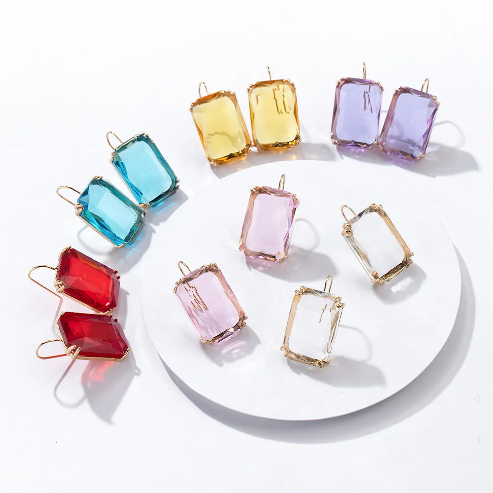 

American Exaggerated Ornament Fashion Simple Color Crystal Ear Stud Square Rhinestone Popular Ear Ring Earrings Female