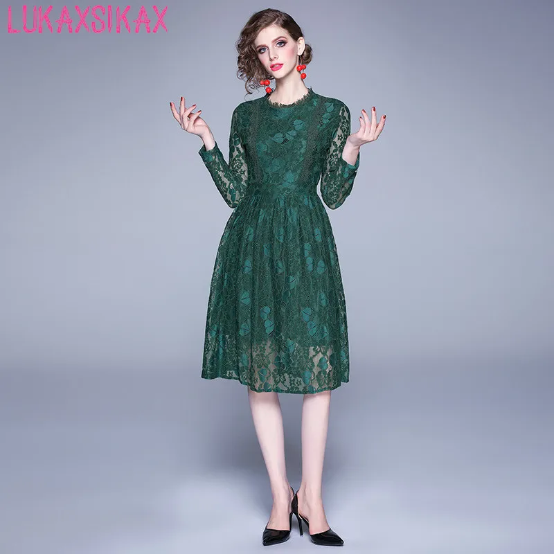 

LUKAXSIKAX 2019 Spring Autumn Women Long Sleeve Dress High Quality Floral Lace Runway Dress Elegant Big Hem Slim Party Dresses