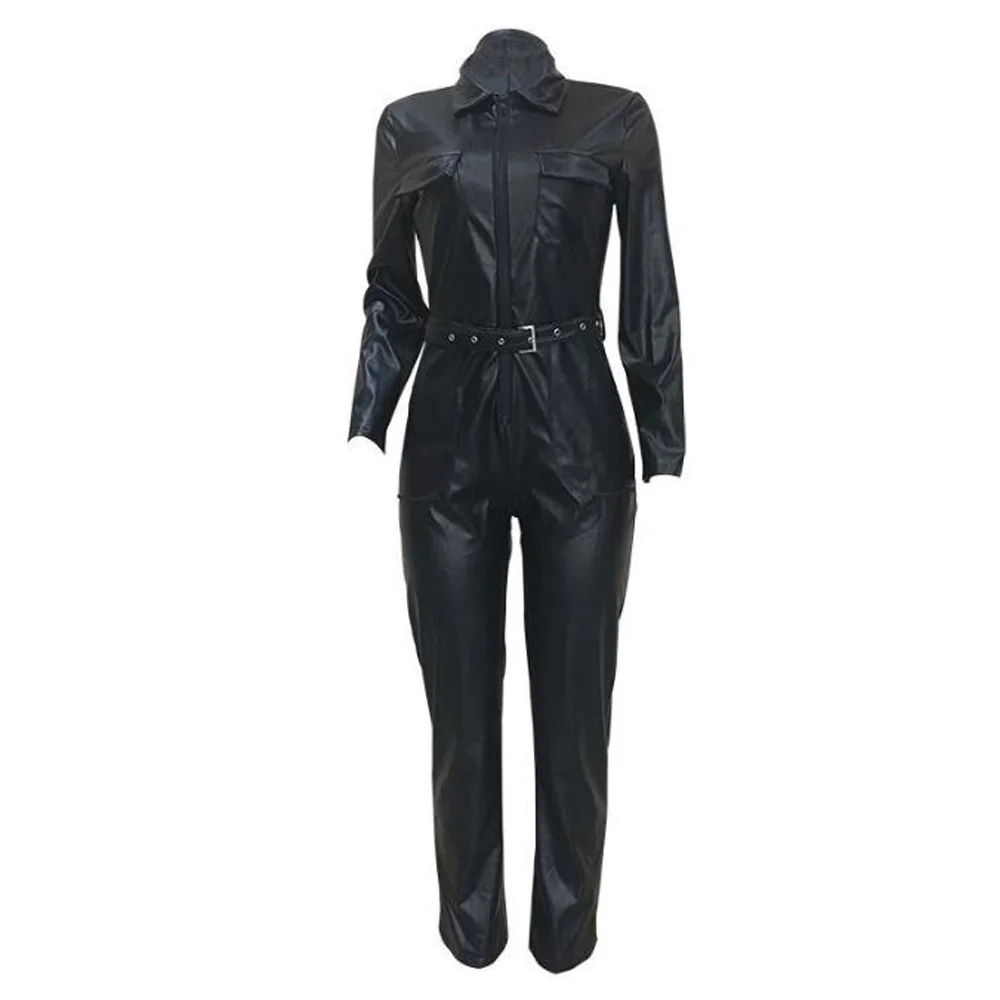 Black Faux Leather Jumpsuit Overalls 