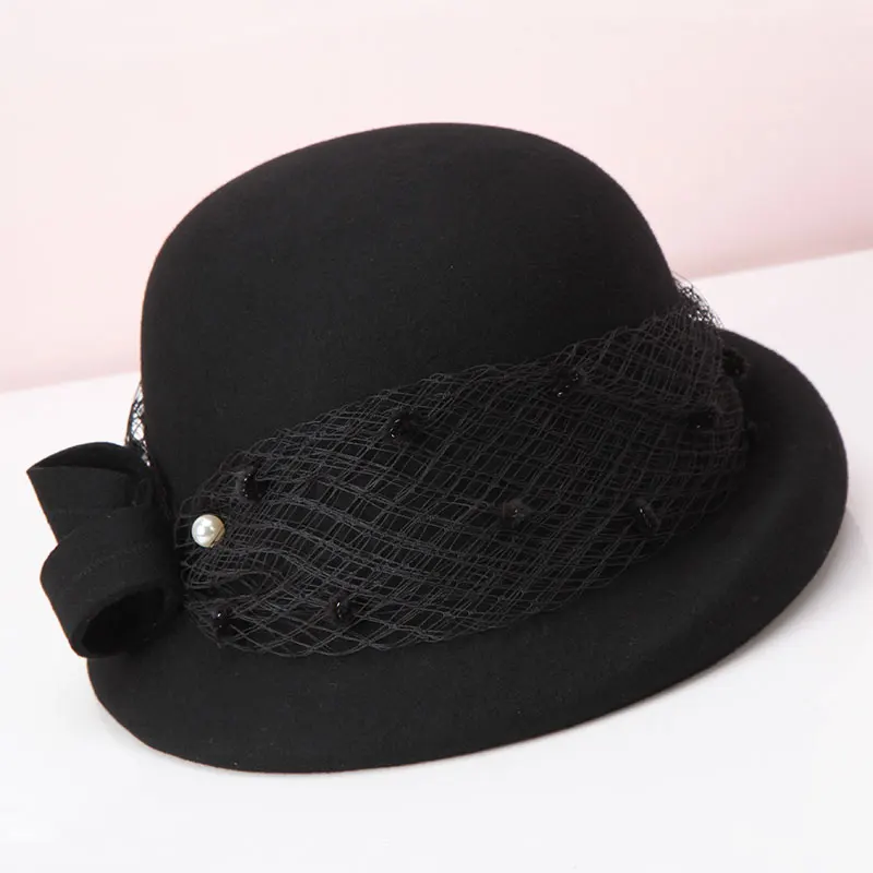 

H296 Korean Wool Felt Fedoras Hat Women Retro Elegant Mesh Noble Basin Cap Ladies Autumn Winter Short Brim Dome All-match Hats