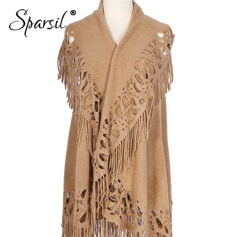

Sparsil Ladies Hollow Sleeveless Shawl Warm Cashmere Tassel Scarf Capes Coat Solid Color Autumn Winter All Match Fashion Wraps