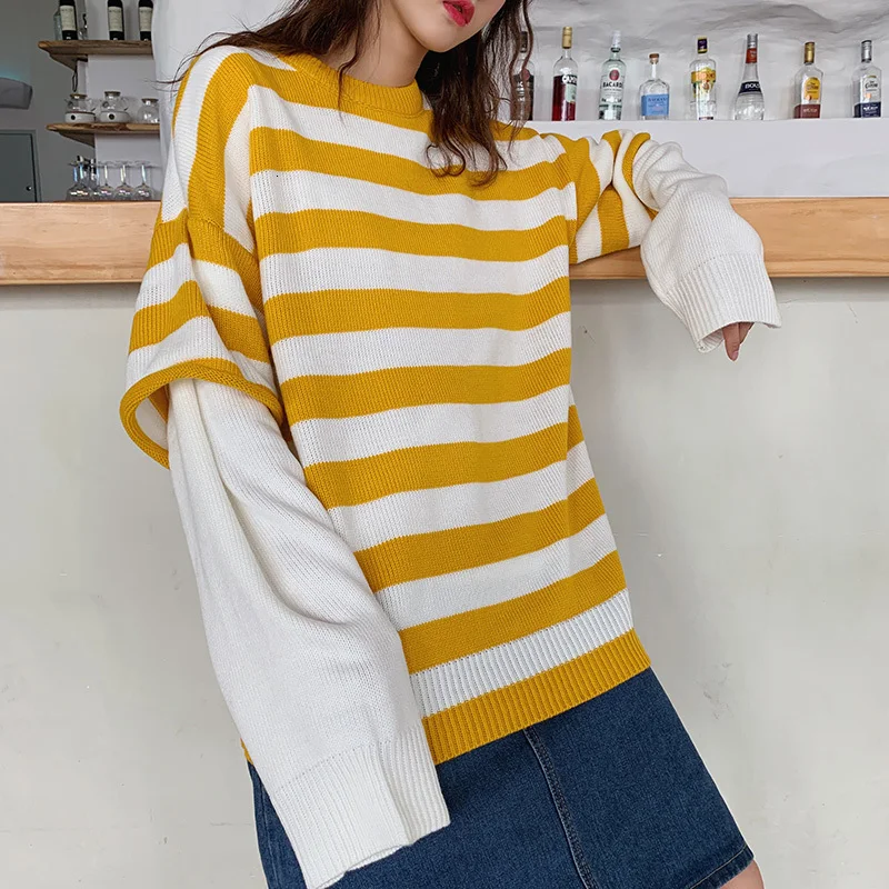 Autumn Sweater Men Fashion Contrast Color Casual Striped Couple Sweter Streetwear Loose Fake Two-piece Knitting Pullover Men