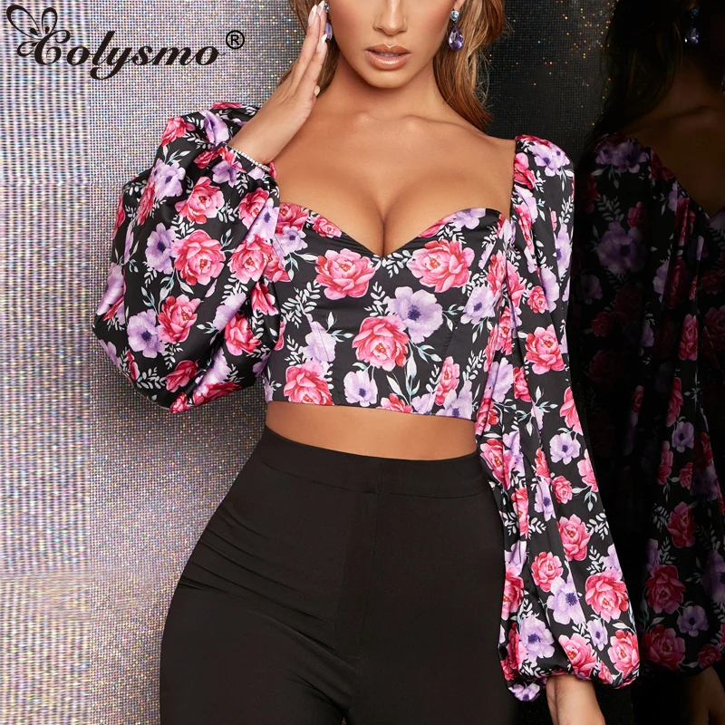 

Colysmo Vintage Blouse Women Floral Print Short Blusas Long Lantern Sleeve Crop Shirt Double Layers Womens Tops And Blouses 2020