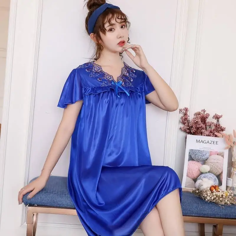 Deep V Neck Women Satin Nightgown Sexy Lace Sleepwear Bride New Ladies Silk Nightwear Sleep Wear Night Gown Lingerie Dress