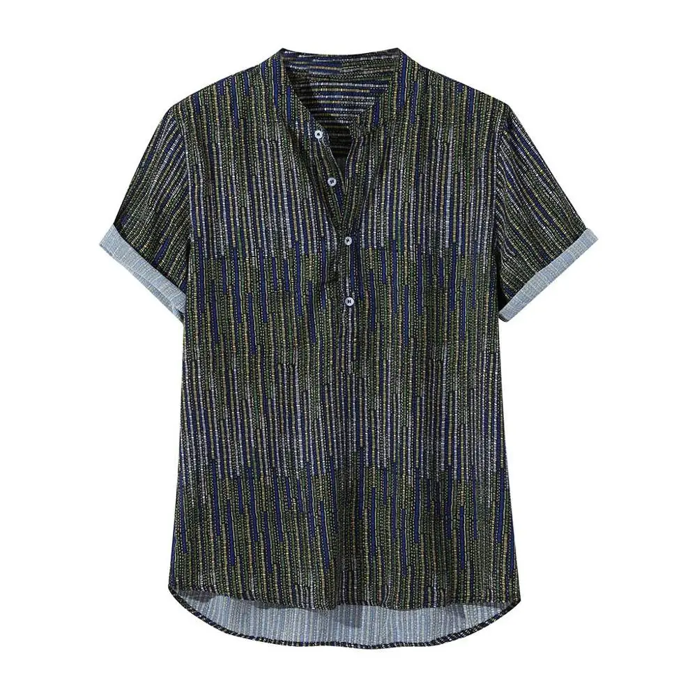 Новое поступление, приталенная Мужская рубашка с этническим принтом и стоячим воротником, разноцветная полосатая Свободная рубашка с коротким рукавом, M-3XL, распродажа