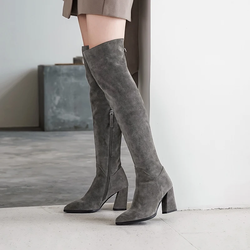 Skup Szary seksowny szpiczasty nosek na buty do kolan 8cm szpilki zimowe zakolanówki czarne zamszowe damskie zimowe buty LDI13 MUYISEXI