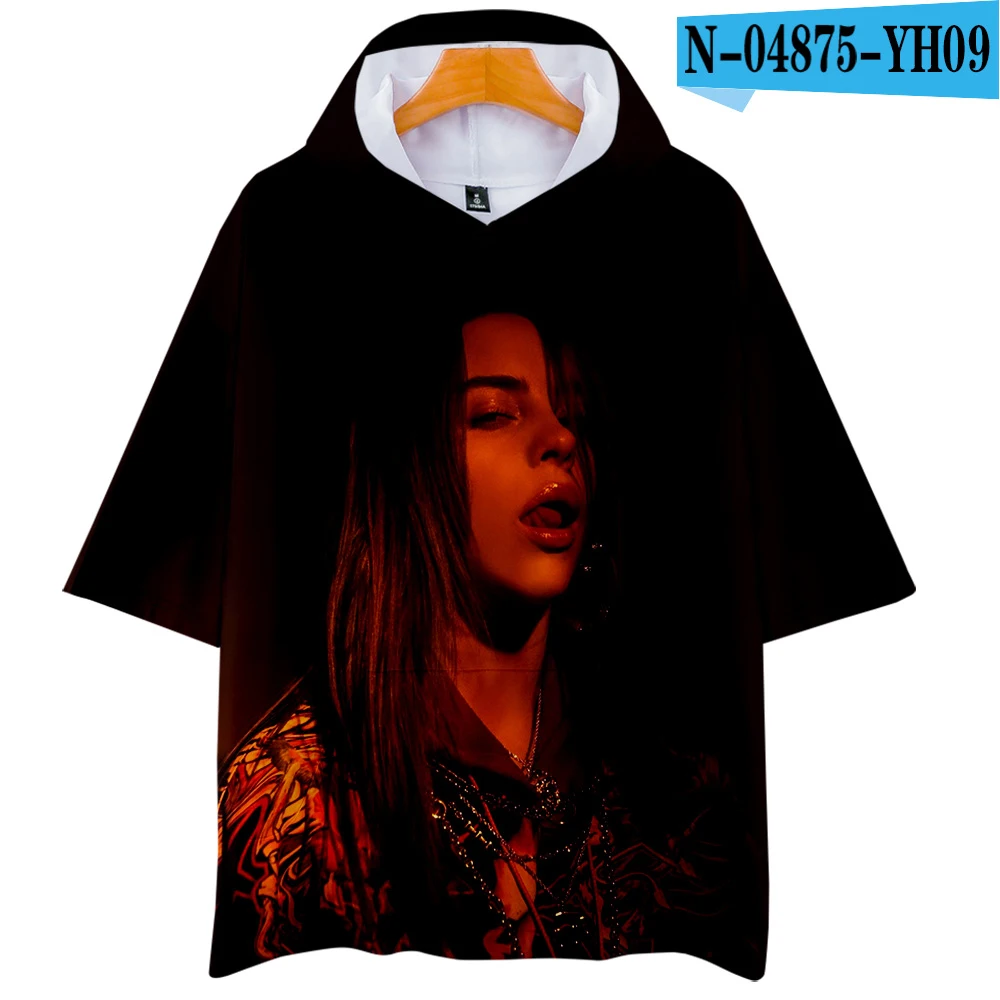 Billie Eilish футболка с капюшоном Женская/мужская летняя/Весенняя новая футболка Свободная крутая дышащая футболка с коротким рукавом с капюшоном модная футболка в стиле панк - Цвет: 3D
