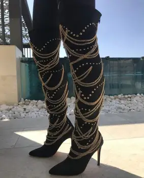 

Winter New Woman Sexy Fluorescence Yellow Black Gold Chains Boots Pointed Toe Stiletto Heels Rivets Over The Knee Thigh Boots
