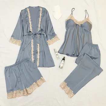 

Sleepwear 4PCS Pajamas Set Lace Patchwork Women Home Clothes Satin Nightwear Pijamas Silky Kimono Bathrobe Gown Homewear