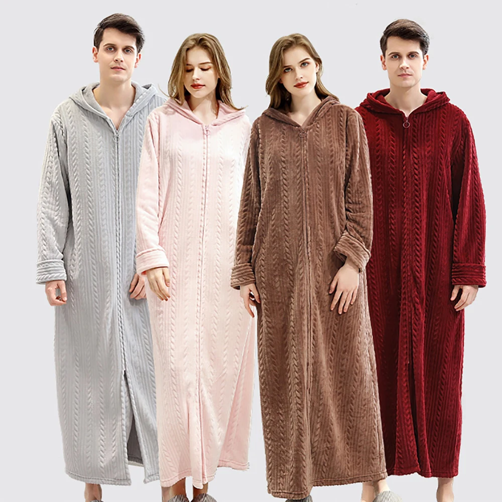 Autumn Winter Fashion Zipper Hooded Bathrobe Men Flannel Warm Thicken Long Kimono Dressing Gown Loose Robes for Women Sleepwear