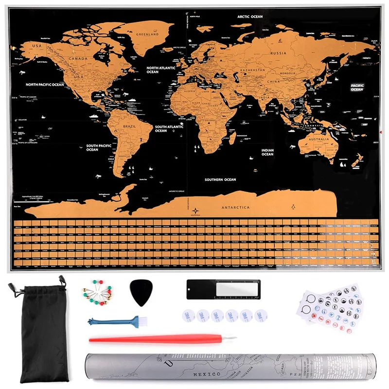 World tourism map super scratch custom advanced stickers posters globe national flags 82x59 cm | Канцтовары для офиса и дома