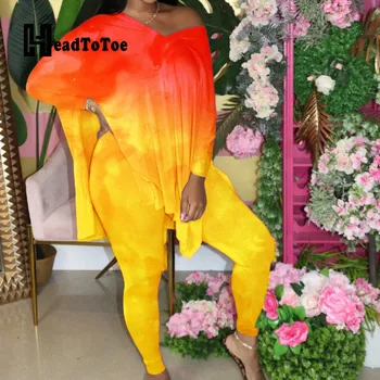 

Gradient Color Casual Women Two Piece Set Long Sleeve V Neck Slit Tops & Skinny Pants Set