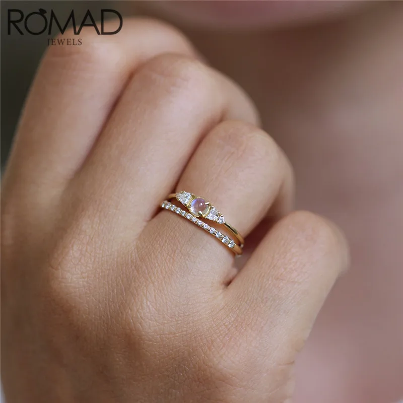 ROMAD изысканное круглое кольцо из лунного камня роскошные Austiran хрустальные кольца для женщин Изящные Свадебные кольца золотые модные ювелирные украшения anillos