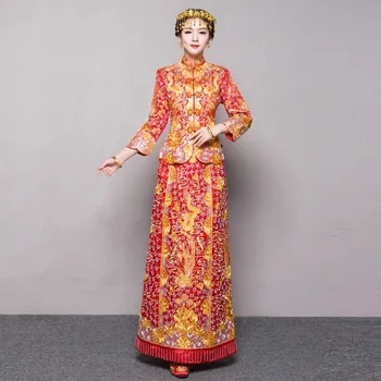 

Exquisite Embroidery Dragon Phoenix Bride Cheongsam Wedding Set Elegant Luxury Full Length Qipao Mandarin Collar Lady Vestidos