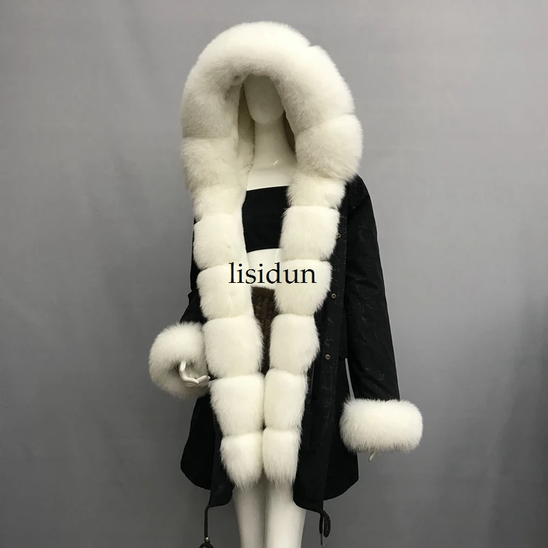 LISIDUN настоящая меховая Парка женская зимняя куртка натуральный Серебряный лисий мех пальто с капюшоном настоящая подкладка из кроличьего меха куртка женская шуба