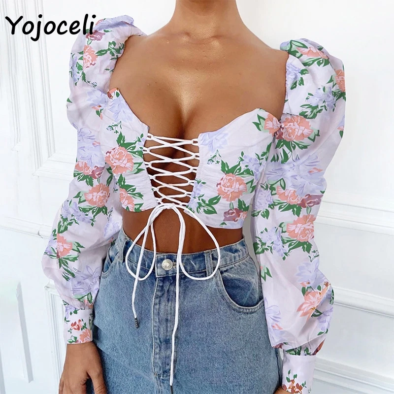 Блузка Yojoceli с цветочным принтом рубашка 2019 длинным рукавом квадратным вырезом и