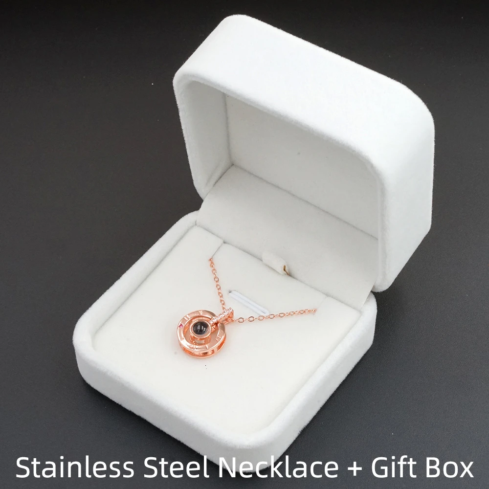 StainlessRoseGoldBox Сплав S925 розовое золото серебро 100 языков I Love You проекционный кулон ожерелье Женщины Романтическая любовь память свадебное ожерелье - Окраска металла: StainlessRoseGoldBox