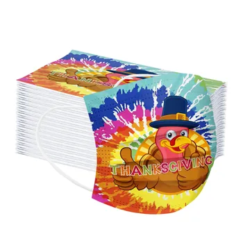 

50pc Adult Thanksgiving Masks Tie-dye Three-layer Dust-proof Disposable Mask Turkey Printing Mouth Masks Survivor Masks Masque