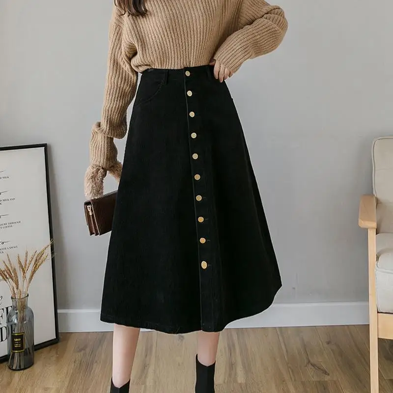

Winter Autumn Harajuku Midi Corduroy Skirts Empire Women Fashion A-Line Skirts Ladies Streetwear High Waist Plus Size Skirts