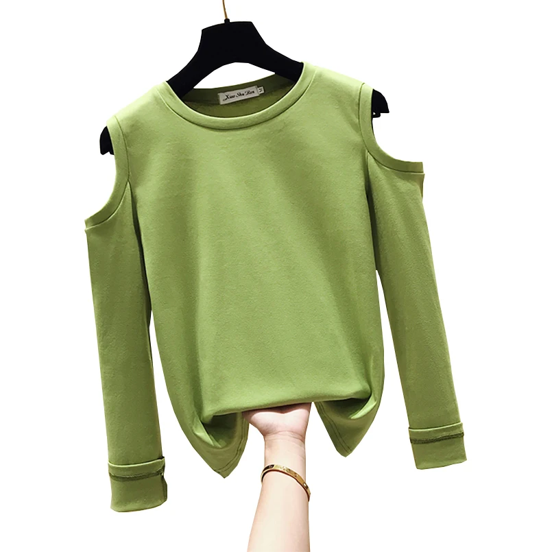 

2019 Women Long Sleeve Tops Off Shoulder Tshirt Sexy Korean Hollow Out Cotton T-shirt Autumn Winter T-shirts White Green Black