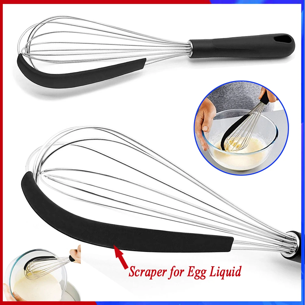 1Pcs Stainless Steel Whisk, Egg & Milk Beater, Silicone handles, 2 in 1 With Integrated Bowl