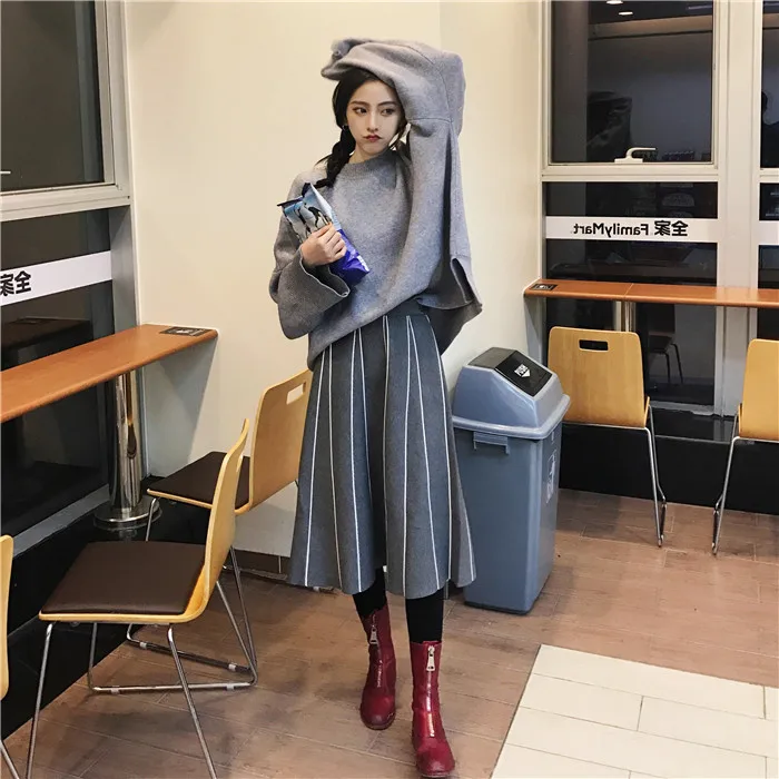 Skirts Womens Winter Vintage Striped Slim A Line High Waist Knitted Long Skirt Black Gray Fringe Skirt DF998