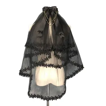 

2Layer Detachable Bowtie Wedding Veil Floral Lace Rim Black Tulle Mesh with Comb