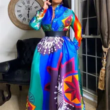 

Spring And Autumn Plus Size Women's High Waist Loose Long Skirt Printed Temperament Commuter Outdoor African Shirt Dress