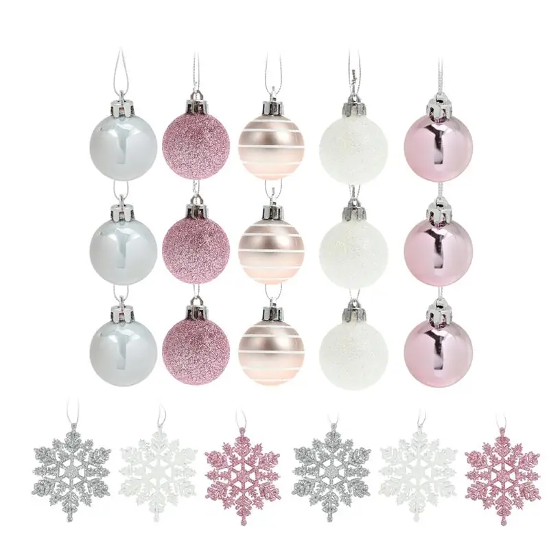 

24Pcs Silver Pink Christmas Snowflake Shaped Set Decorations Christmas Ball Pendant Set Christmas Tree Hanging